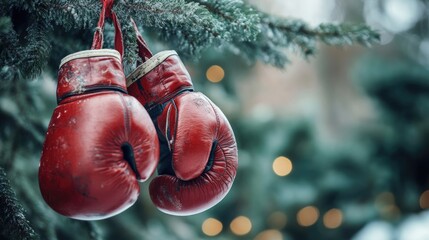 boxing day concept. Red boxing gloves handing on christmas tree