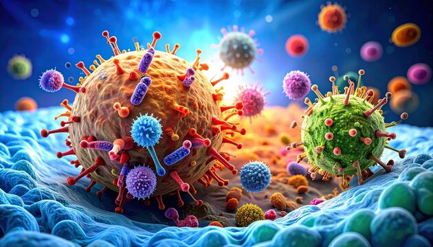 Microscopic image of colorful viruses invading a cell, showcasing the body's immune