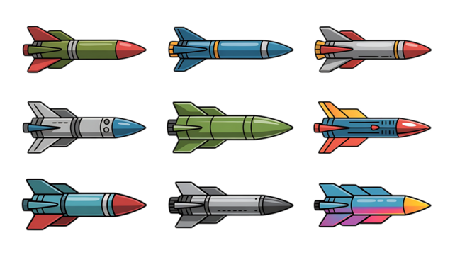 Collection of nine different stylized missile illustrations, each with unique color schemes and designs. - Powered by Adobe