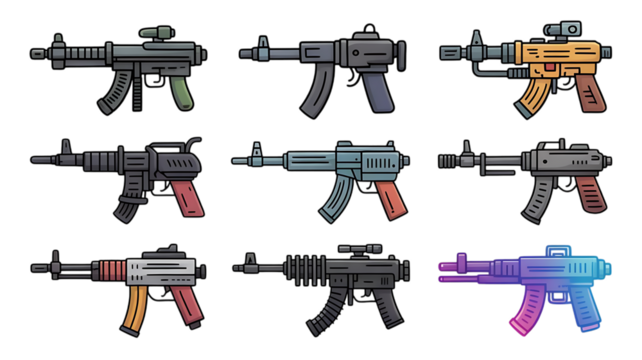 A collection of nine stylized cartoon assault rifles and submachine guns with various designs and colors, depicted against a white background.