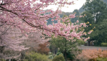 Blossoming branches of a pink almond tree