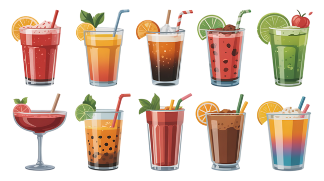 A vibrant collection of ten different colorful fruit drinks and cocktails, each garnished with fruit slices and straws, displayed in various glasses.