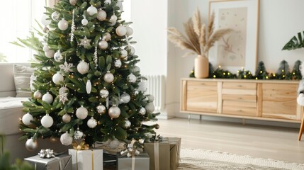 Fototapeta premium Elegant Christmas tree decorated with white and silver ornaments, festive lights, and wrapped gifts in a bright, modern living room interior.