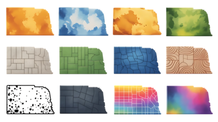 Diverse abstract map representations of a state, showcasing various textures and color palettes.
