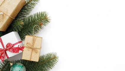Gifts, Christmas ornaments, and evergreen trees displayed on a white background, seasonal theme, Christmas