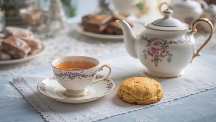 Fototapeta premium Cup of tea and scone on a table with a teapot, a fiber-dense choice