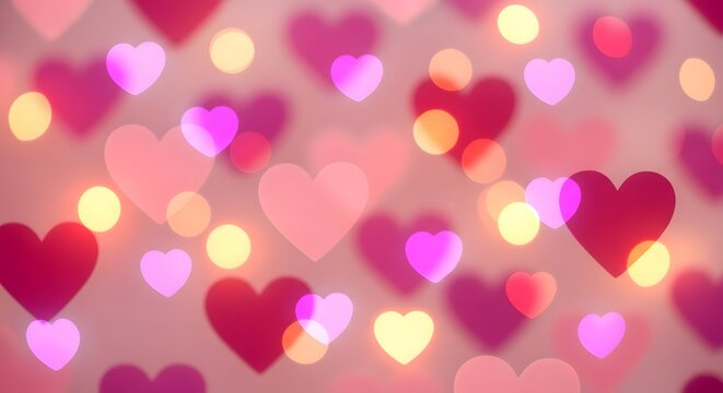 Soft pink and red hearts bokeh background with glowing light circles
