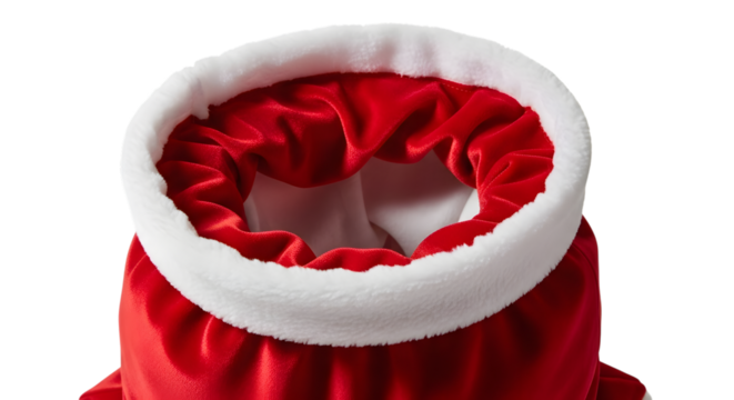 Close up of the top opening of a red santa claus sack with white trim, isolated on transparent background - Powered by Adobe