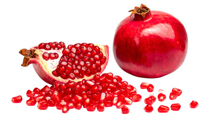 Pair of Whole and Halved Pomegranates Displaying Jewel-Like Seeds – isolated on transparent background