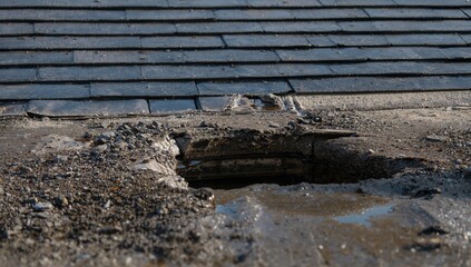 Roof condition with standing water, inadequate drainage, risk of flooding, leaks, and structural damage