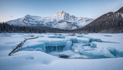 Beautiful winter scenery in a park with snow-covered mountains and ice, highlighting seasonal change