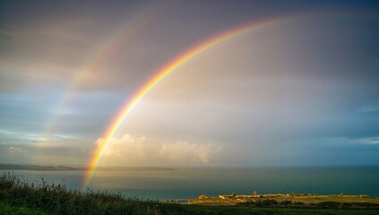 Vibrant rainbow arching over the coastal landscape in Brittany, showcasing seasonal change