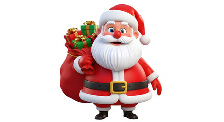 Fototapeta premium Cheerful cartoon santa claus carrying a sack full of christmas presents, isolated on transparent background