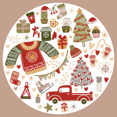 Round Christmas cozy elements vector isolated set