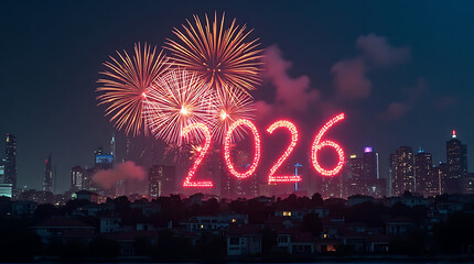 Spectacular fireworks display illuminating the night sky with the year 2026 over a city skyline.