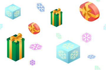 Seamless pattern with gift boxes and snowflakes. Isometry. Background for Christmas, New Year, and winter event designs. Vector