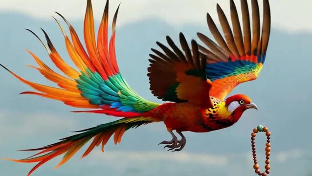 An extremely colorful tropical bird, predominantly orange, yellow, and green, is captured mid-flight, holding a long strand of wooden beads or rosary in its talons. Its magnificent, fanned tail is a s