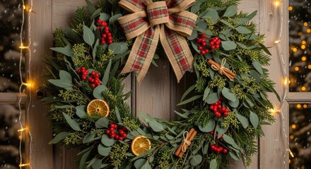 Festive christmas wreath with burlap bow berries and dried oranges on wooden door