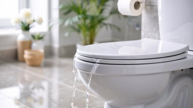 close-up of a modern toilet overflowing with water in bright bathroom interior