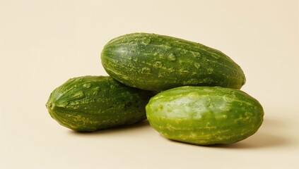 A trio of full cucumbers lie stacked on a smooth, muted backdrop, showcasing their lively green color and delicate surface for a serene and refreshing vibe.