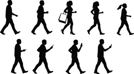 Walking people silhouette vector, mobile phone usage poses, urban lifestyle illustration, black flat artwork, cad drawing flat vector illustration