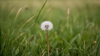 Dandelion flourishing amidst lush green grass in a natural setting, showcasing seasonal change