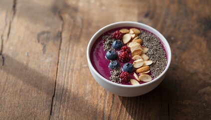 Fototapeta premium Blueberry smoothie bowl featuring almonds, goji berries, and chia seeds, fiber-dense choice