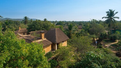 Traditional village homes in a rural setting with vibrant greenery and a bright sky
