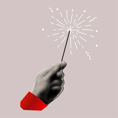 vintage new year hand holding sparkler torn out paper halftone collage style 