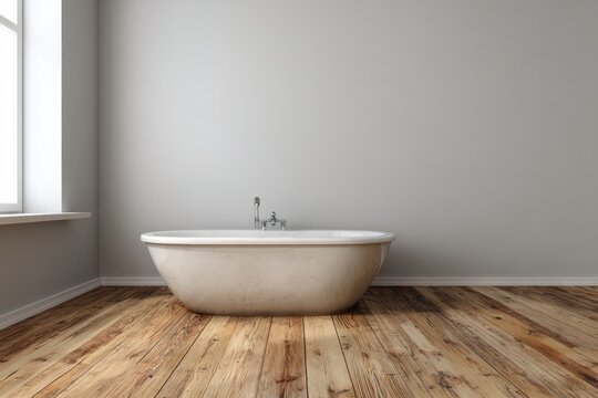 Oval soaking tub sits centered against a neutral wall on wide plank wood flooring beside a window
