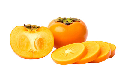 Pair of Whole and Sliced Persimmons Displaying Bright Orange Freshness – isolated on transparent background