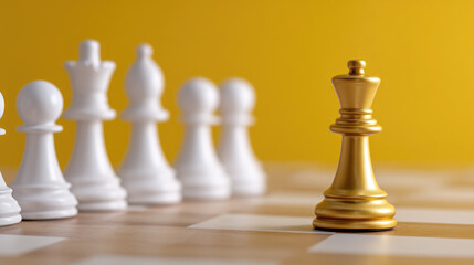 White chess pieces on a bright board with one glowing gold rook, strategic investment metaphor, minimal editorial composition