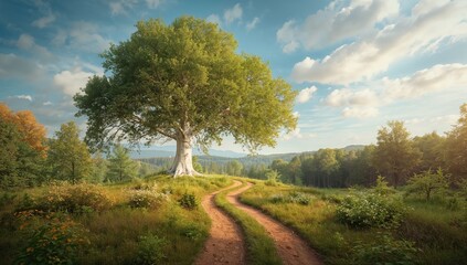 Obraz premium Enchanting woodland scene featuring a meandering trail, highlighting seasonal change