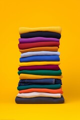 Stack of colorful folded clothes on yellow background