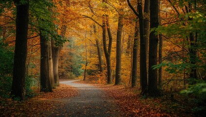 Obraz premium Autumn park paths surrounded by trees, seasonal change