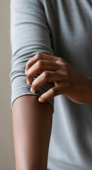 Obraz premium African American woman scratching her itchy arm. Vertical template of skin irritation common symptom of diabetes or allergic reaction. Healthcare and dermatology concept.