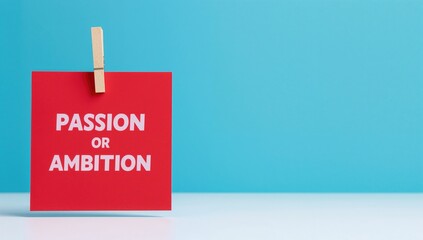 Wooden Pin Holding Red Paper with the Words Passion or Ambition on a Blue Background. Business Motivation Theme with Space for Text
