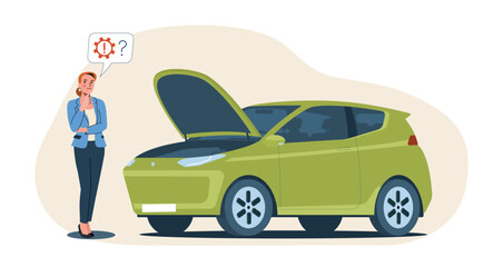 Woman standing next to a broken down car with the hood open. Vector illustration.