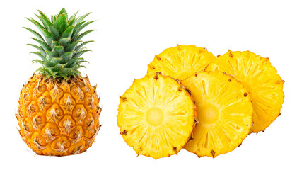 Pair of Whole and Sliced Pineapples Displaying Tropical Freshness – isolated on transparent background