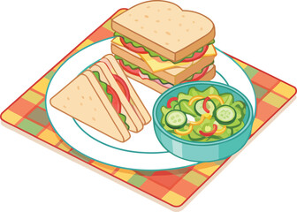 Cartoon Sandwich and Salad Lunch on a Plaid Placemat Illustration