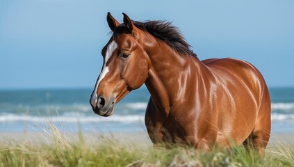 Fototapeta premium Assateague wild horses roaming in their natural seashore habitat, showcasing feral behavior and ecological balance