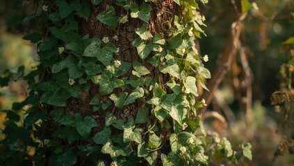Ivy (Hedera helix) is a well-known evergreen vine that can climb trees, which might pose risks to the trees themselves.