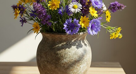 Close-up of a rustic, textured vase filled with a vibrant bouquet of colorful wildflowers