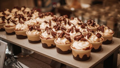 Delicious creamy mousse topped with whipped cream and chocolate served at a festive buffet