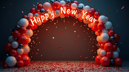 Festive New Year's arch made of balloons with celebratory confetti.