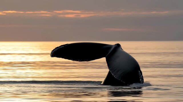 Whale tail diving into calm ocean waters reflecting the warm golden light of a beautiful sunset