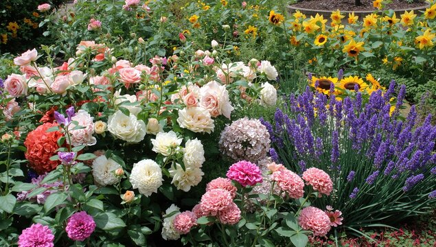 Explore the beauty of the natural world in a vibrant floral paradise showcasing roses, sunflowers, lavender, and chrysanthemums. - Powered by Adobe