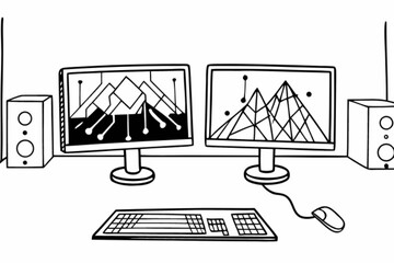 Minimilist two computer monitors with geometric designs, keyboard, mouse, and speakers in a black and white drawing vector