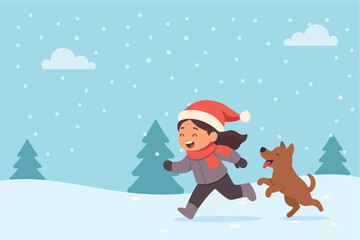 Happy Girl Playing with Dog in Snowy Winter Forest – Christmas Flat Design Illustration