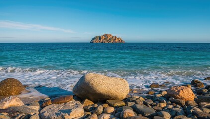 Coastal rocks and distant skyline with small islet